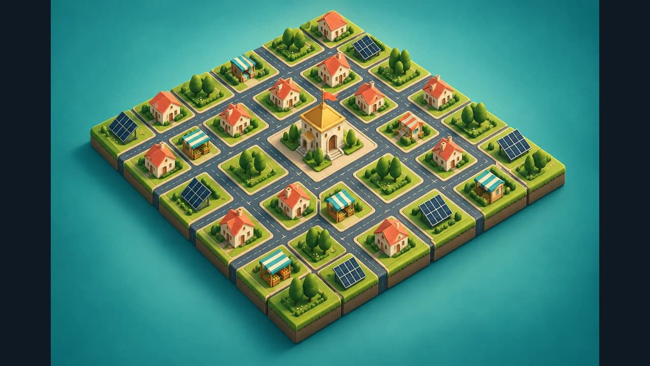 Tile City Builder cover showing a tile city with roads, homes, parks and solar panels