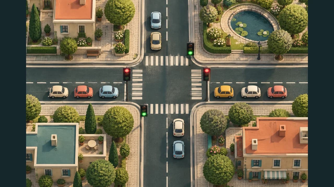 Traffic Controller cover with traffic lights and cars at a top-down intersection