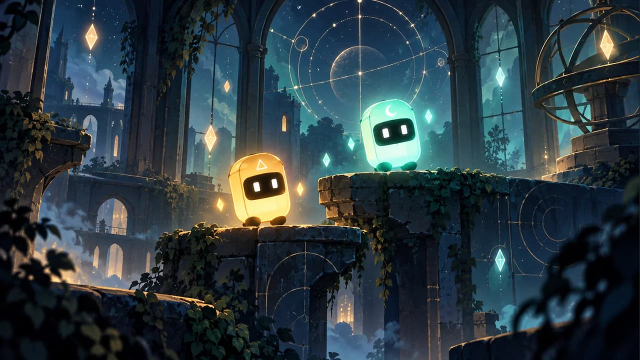 Twin Lanterns cover showing Sun and Moon, two glowing heroes on stone platforms in an observatory