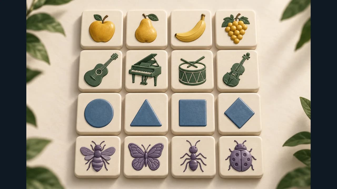 Word Quartets cover showing a grid of fruit, instruments, shapes and insects