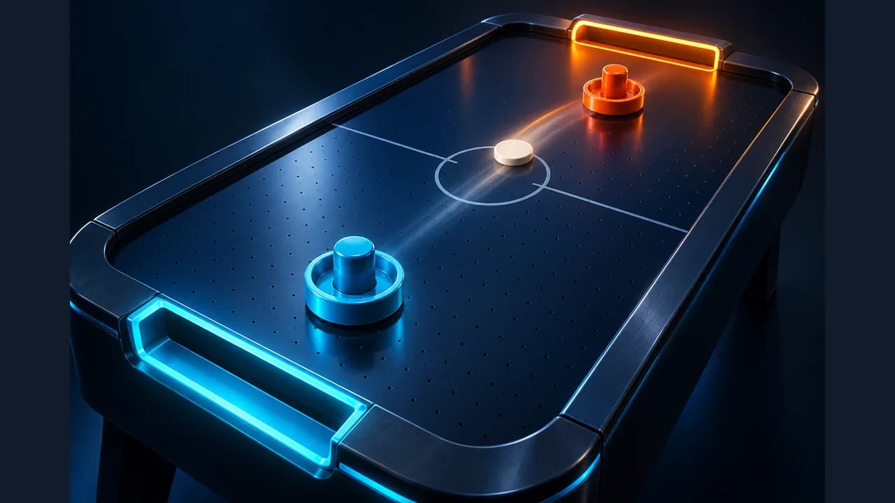 Zarocer Air Hockey cover with a blue table, two strikers and a glowing puck