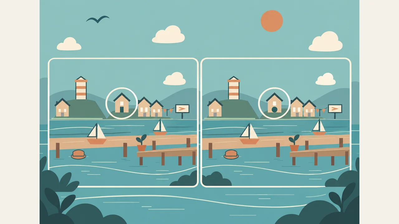 Difference Atlas cover with an illustrated harbour scene and details to compare