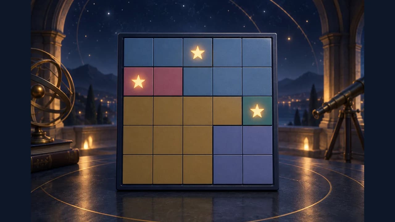 Star Battle cover with a region grid and glowing stars