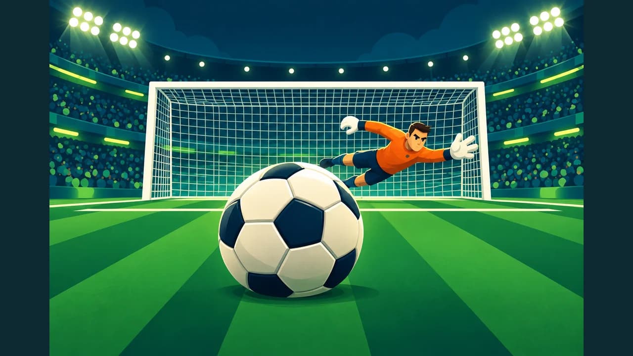 Penalty Shootout cover with a football, penalty spot and floodlit goal
