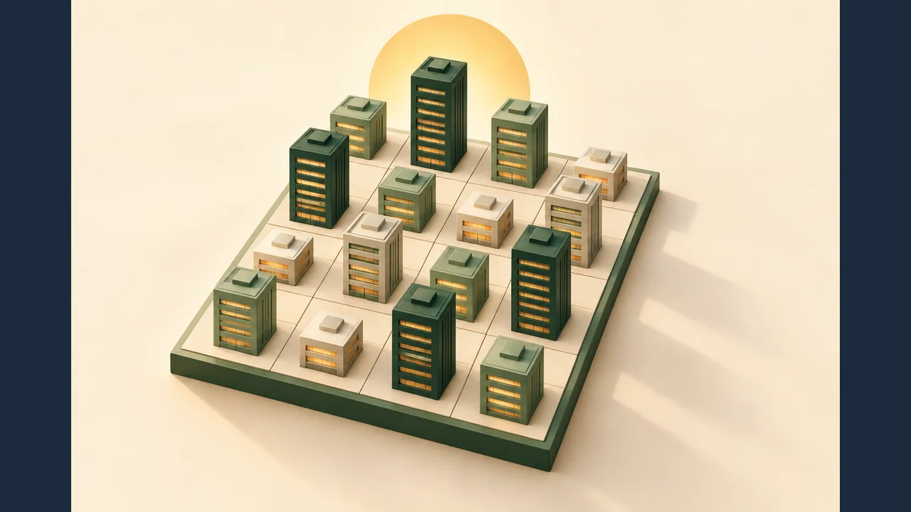 Skyscrapers puzzle cover with towers of different heights and numbered clues