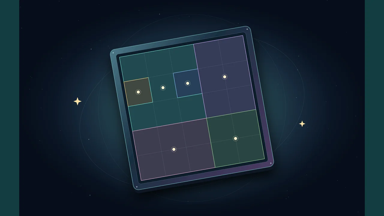 Symmetric Galaxies cover with central stars and colored regions on a space-themed board
